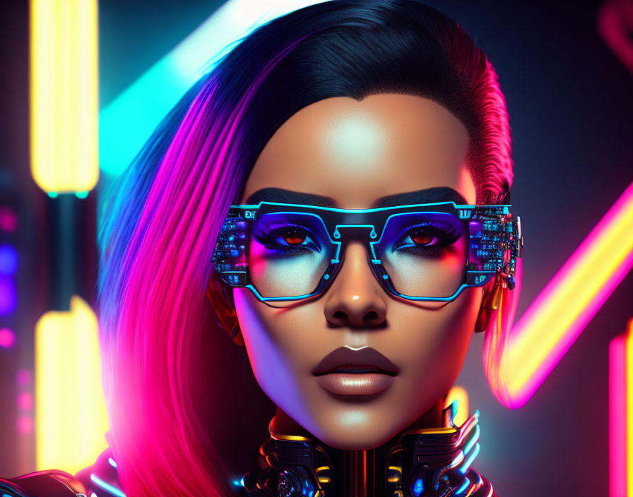 Futuristic digital artwork of woman with neon lights.