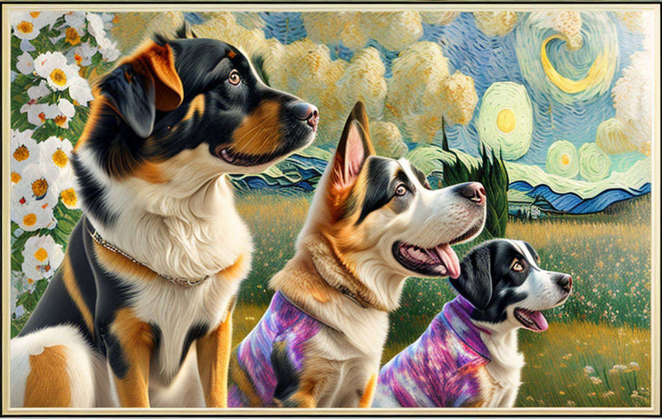 Three dogs against Van Gogh-inspired backdrop