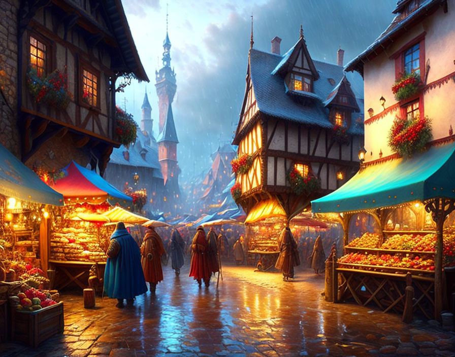 Medieval marketplace at dusk with vibrant stalls and rainy sky