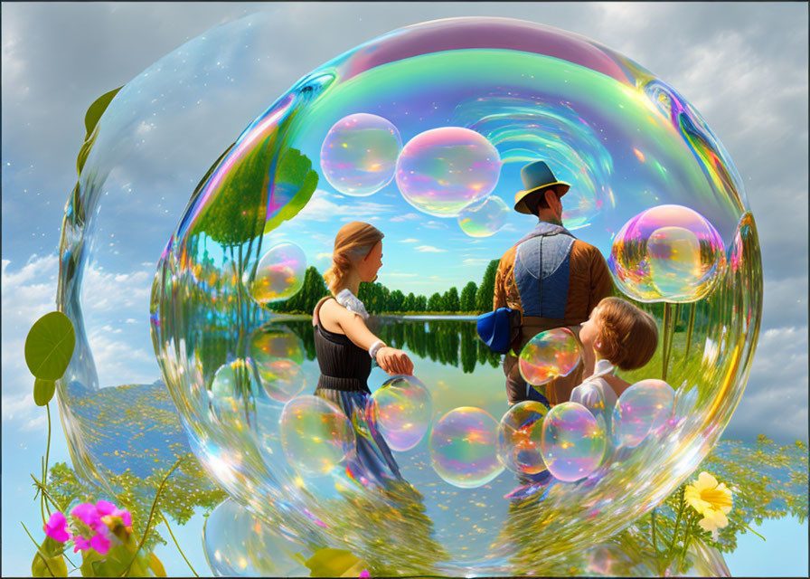 Family and landscape captured in giant bubble among smaller bubbles in sky.