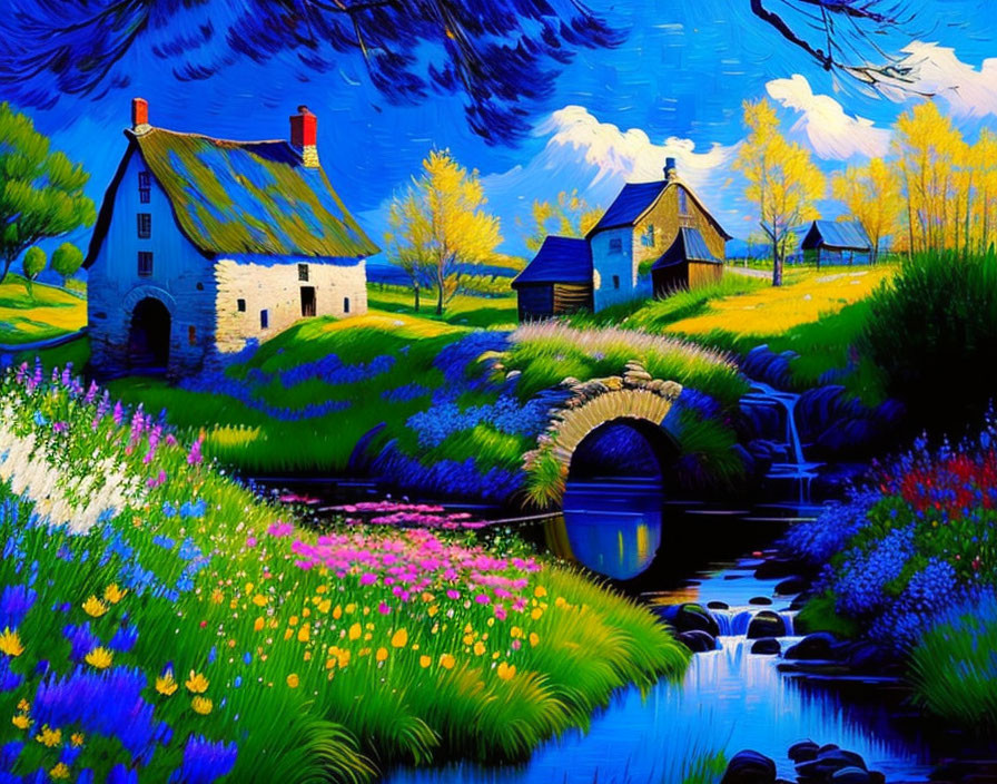 Colorful countryside painting with stream, bridge, cottages, and flora