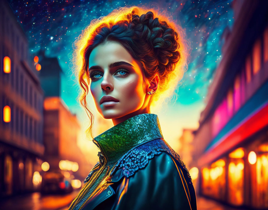 Intricate hair and glowing blue eyes in neon-lit city portrait