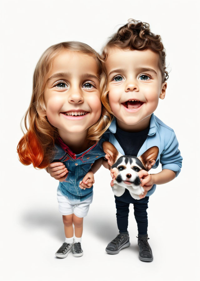 Young children holding a tricolor puppy on white backdrop