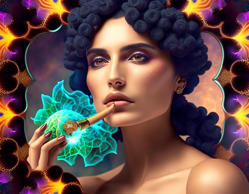 Curly-haired woman holding glowing object in fractal background