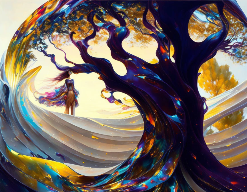 Colorful Artwork of Person Surrounded by Whimsical Tree Branches