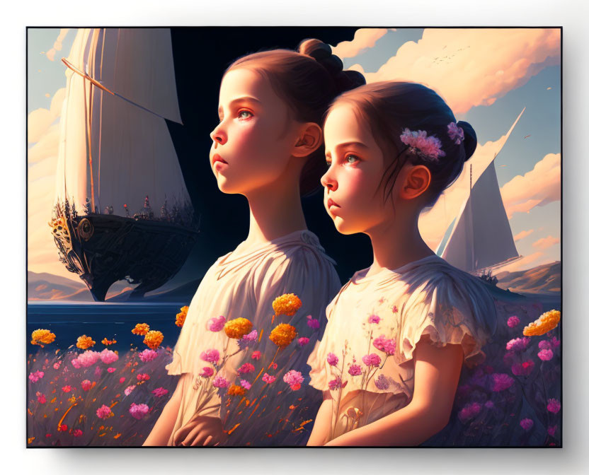 Two girls admiring sailing ship in flower field under warm sky