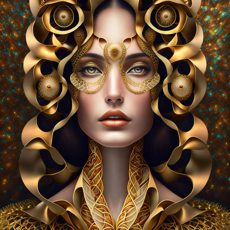 Surreal portrait of woman with golden eye-shaped ornaments