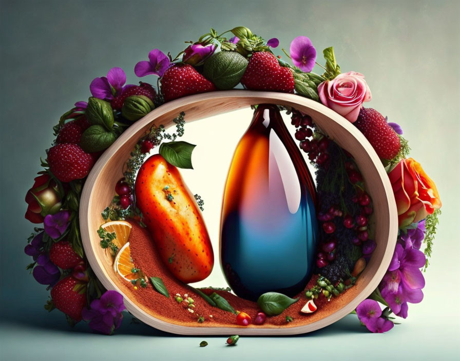 Circular Frame with Vibrant Fruits, Flowers, and Colorful Hourglass