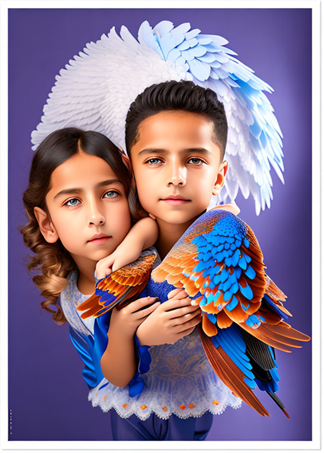 Boy and Girl Embracing with Angelic and Bird Wings on Purple Background