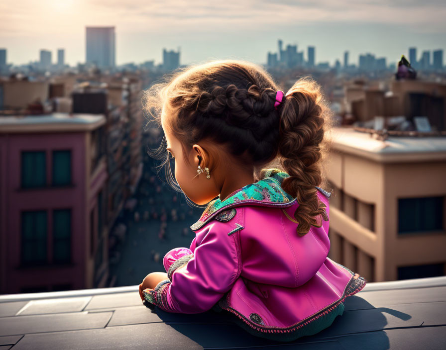 Young girl with braided hair on rooftop at sunset in pink jacket