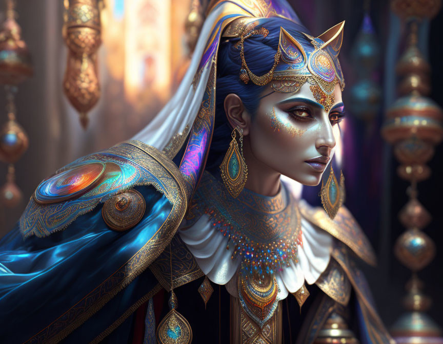 Egyptian-inspired woman in gold and blue attire with cat ear headdress and lantern backdrop