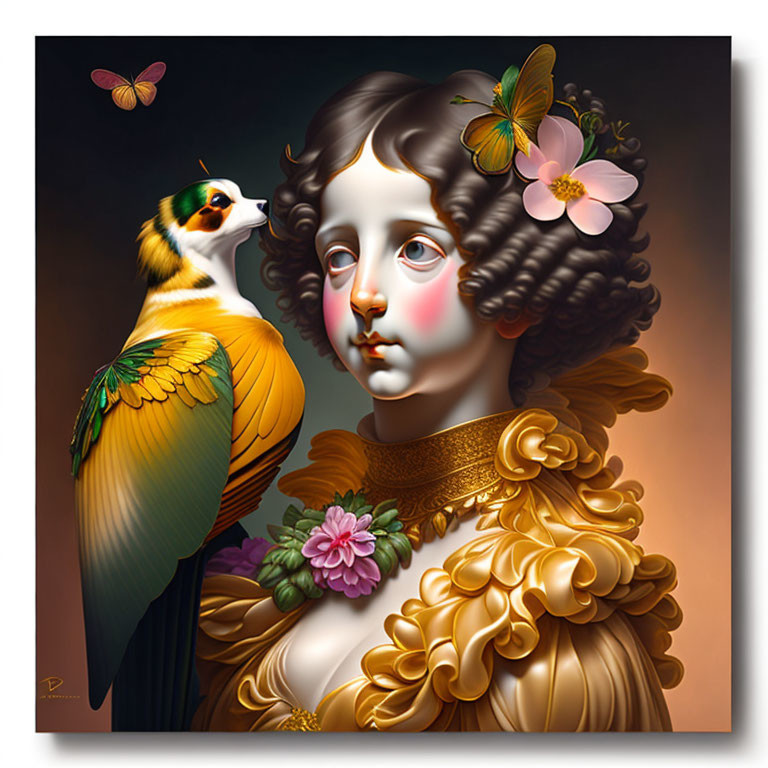 Baroque hair portrait with rosy cheeks and colorful bird.