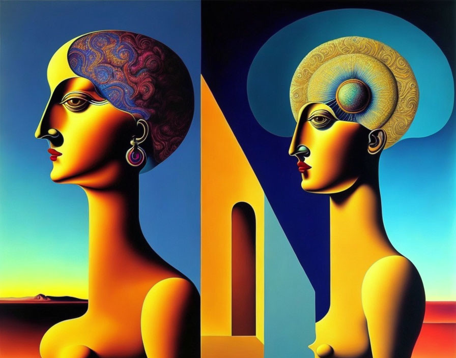 Stylized surreal portraits with sharp profiles and detailed headpieces against sunset landscape.