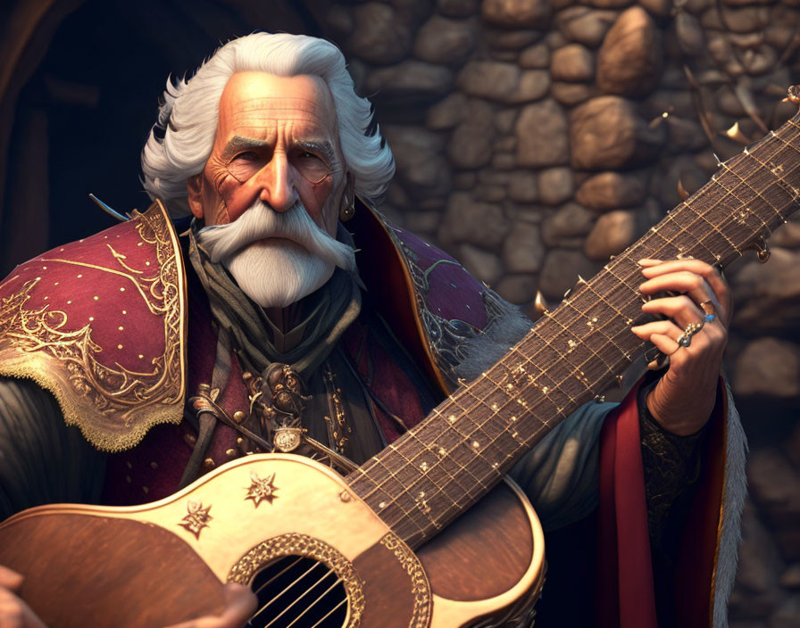 Elderly animated character playing lute in stone-walled room