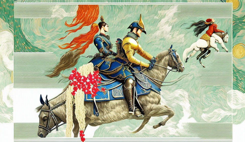 Three knights in ornate armor on horses with a stylized backdrop.