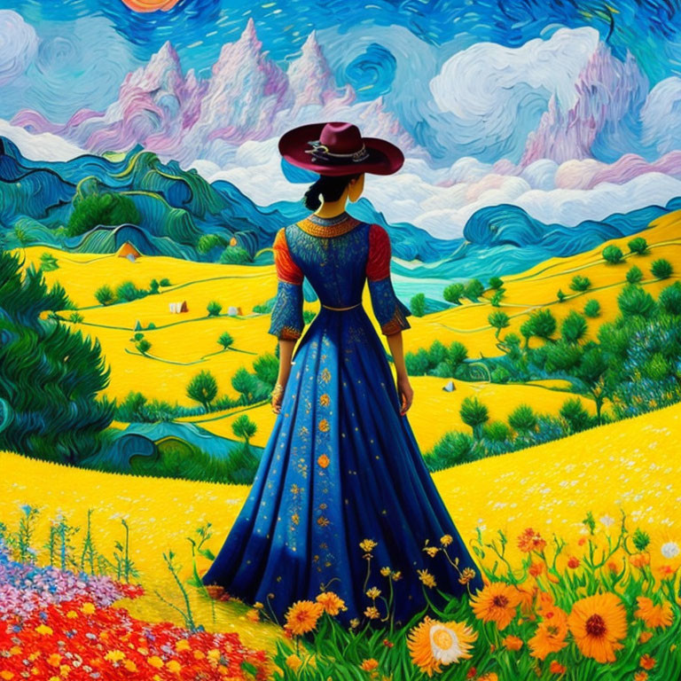 Woman in vibrant traditional dress in colorful landscape