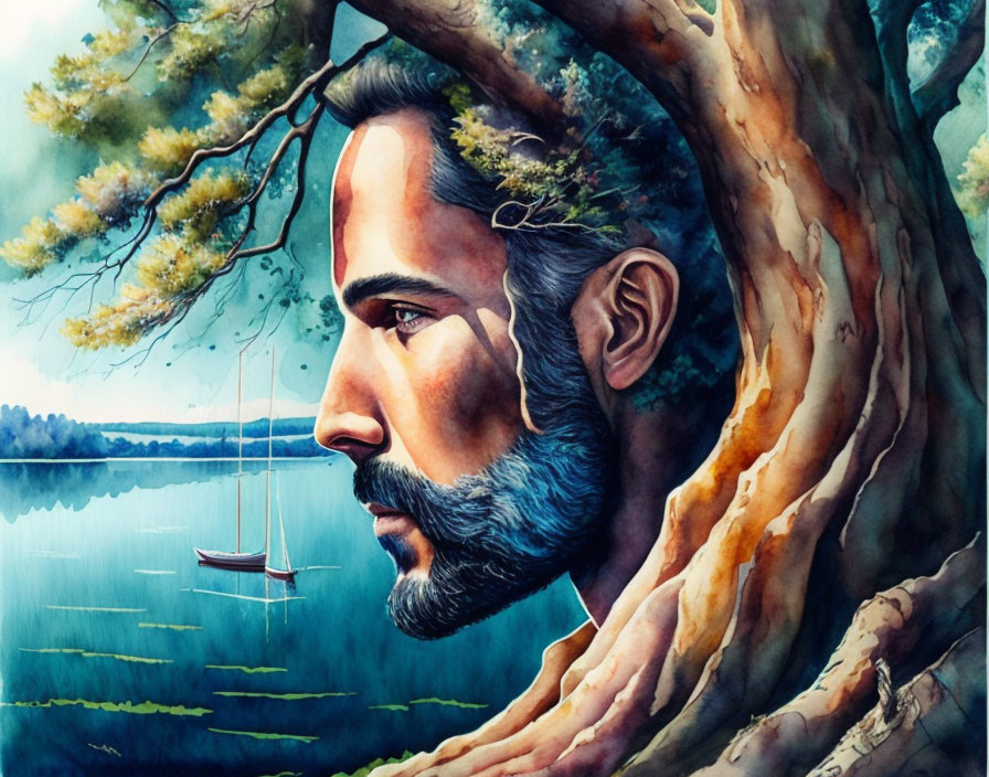 Surreal watercolor painting: man's profile merges with tree by serene lake