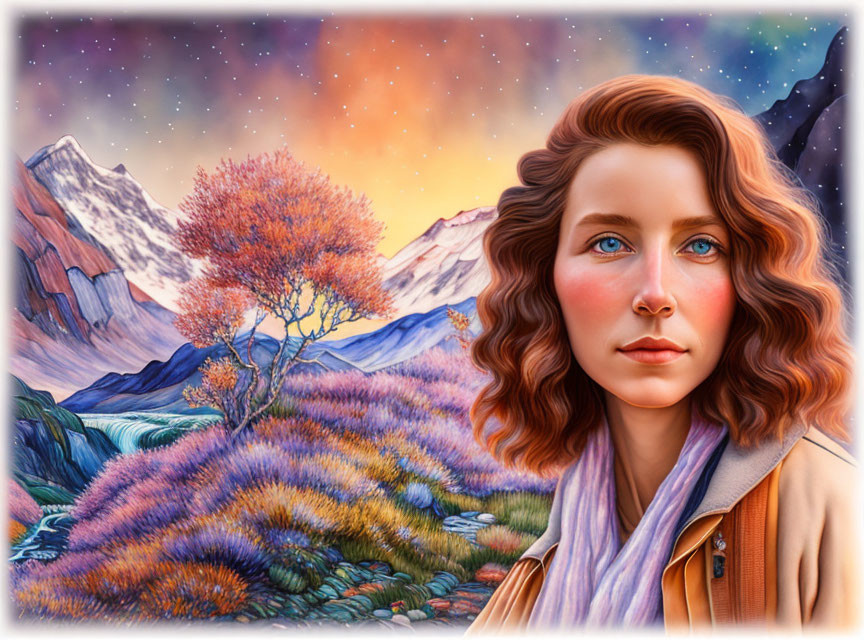 Stylized illustration of woman with blue eyes and curly hair in colorful landscape