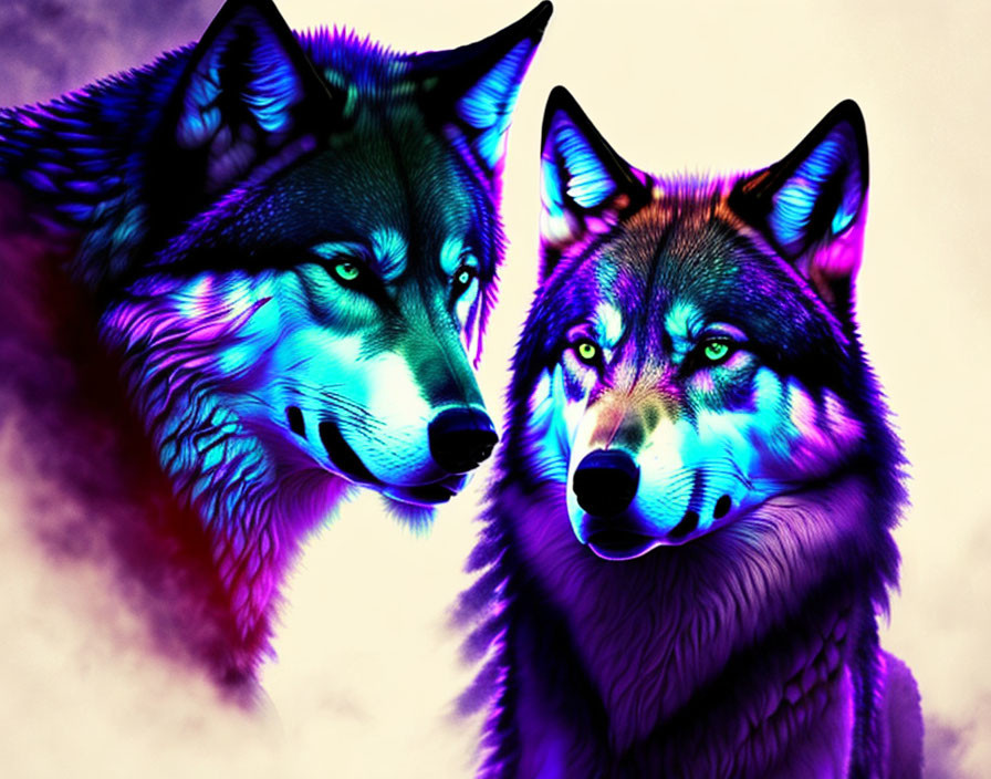 Vibrant neon-colored wolves on purple background