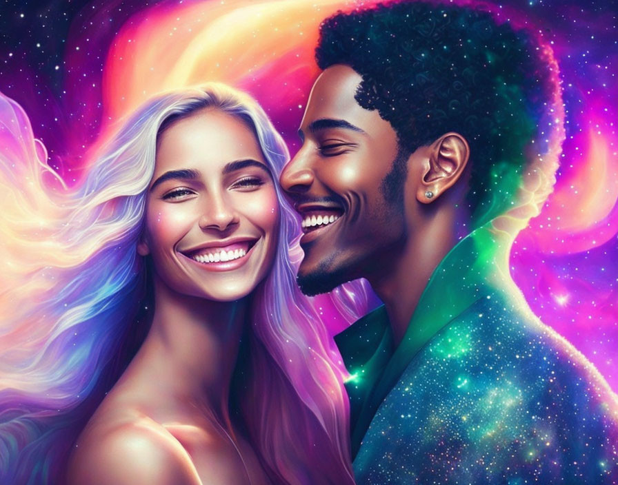 Colorful Cosmic Background with Smiling Couple
