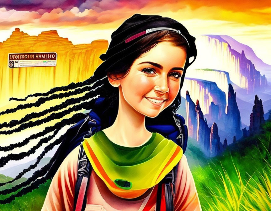 Colorful digital artwork: Smiling woman in hat and backpack in stylized sunset landscape