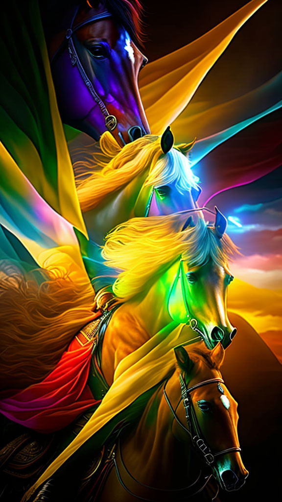 Vibrantly colored horses with neon manes on dramatic multicolored background