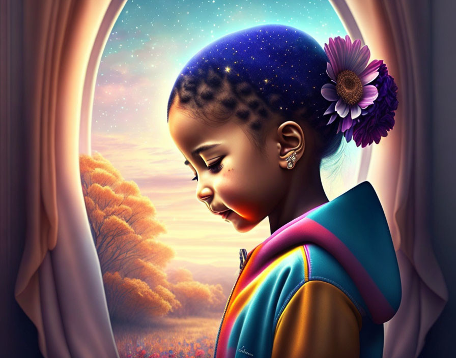 Young girl with cosmic hairstyle gazing out window in serene twilight setting