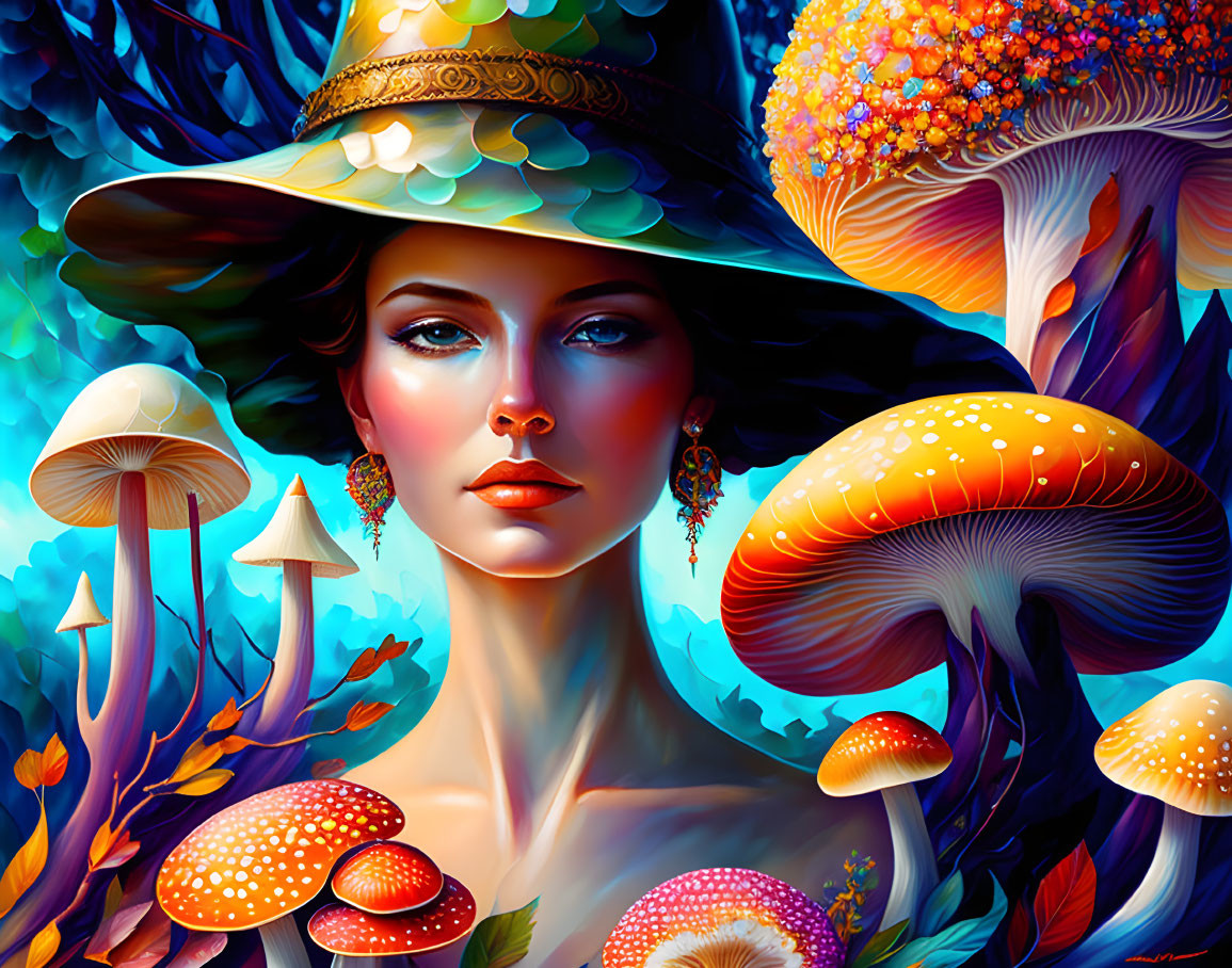 Colorful artwork: woman with decorative hat amid vibrant mushrooms & foliage