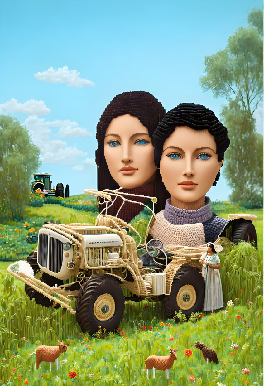 Surreal women's heads above knitted tractor in vibrant meadow