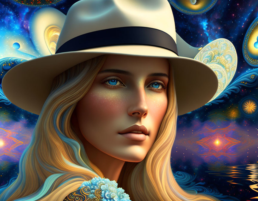 Digital art portrait of woman in hat on cosmic background