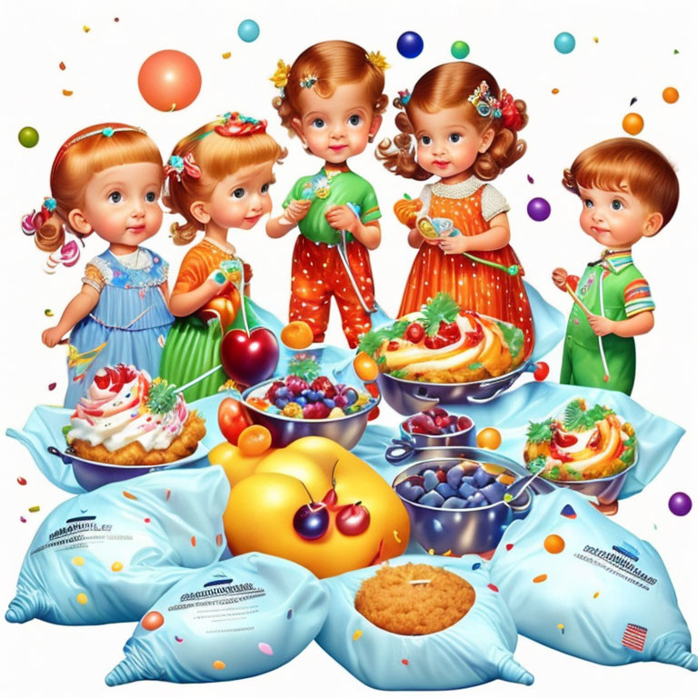 Four vintage-style animated children surrounded by fruits, desserts, and bubbles on blue cushions