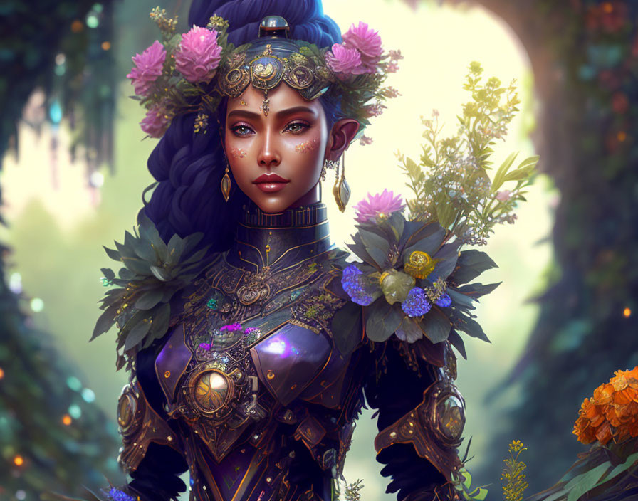 Illustrated female elf in floral armor in forest setting