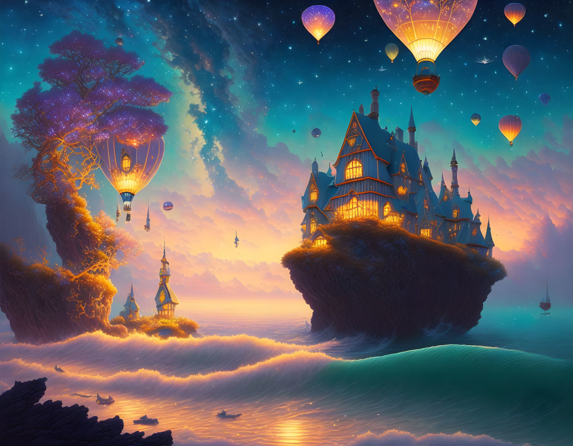 Floating island castle with hot air balloons, glowing tree, starry sky, and ocean boats
