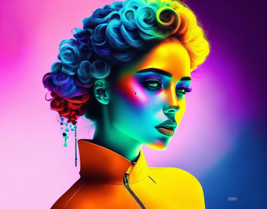 Colorful digital portrait of woman with curly hair on neon gradient backdrop