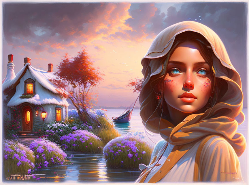 Woman with Blue Eyes and Headscarf by Lakeside Cottage at Sunset