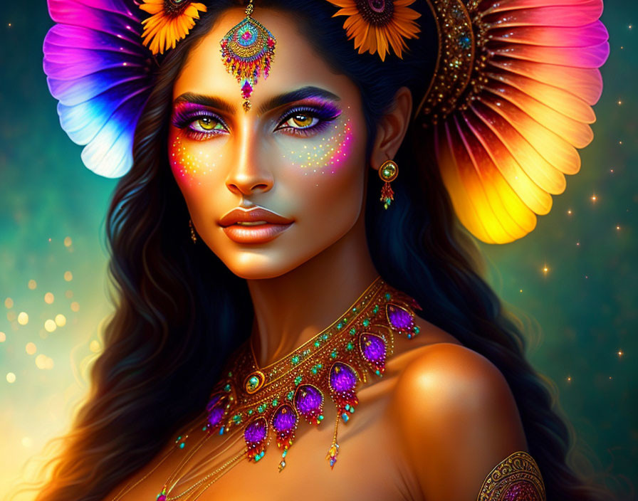 Colorful digital artwork of a woman with intricate face paint and feathered accessories