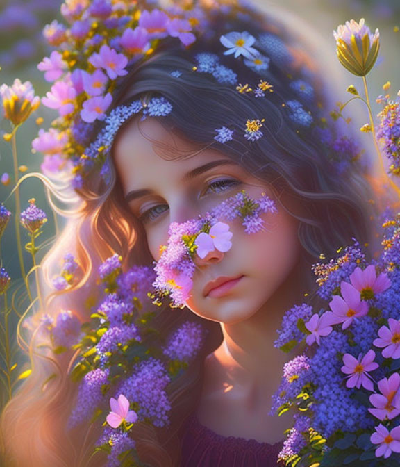 Portrait of girl with long, wavy hair amidst pink and purple flowers