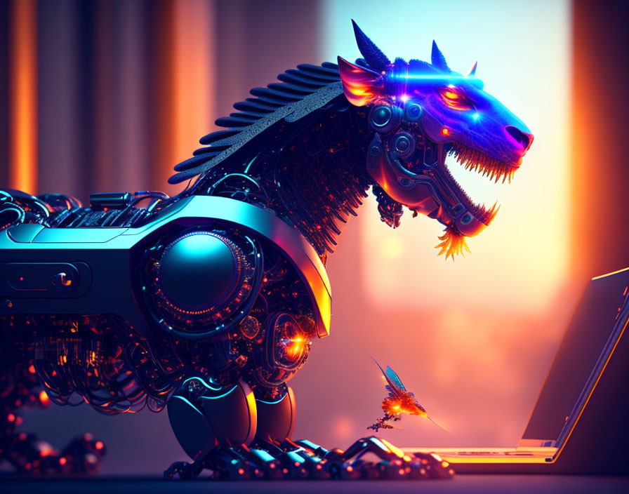 Futuristic mechanical dragon with glowing blue eyes and intricate designs on laptop screen