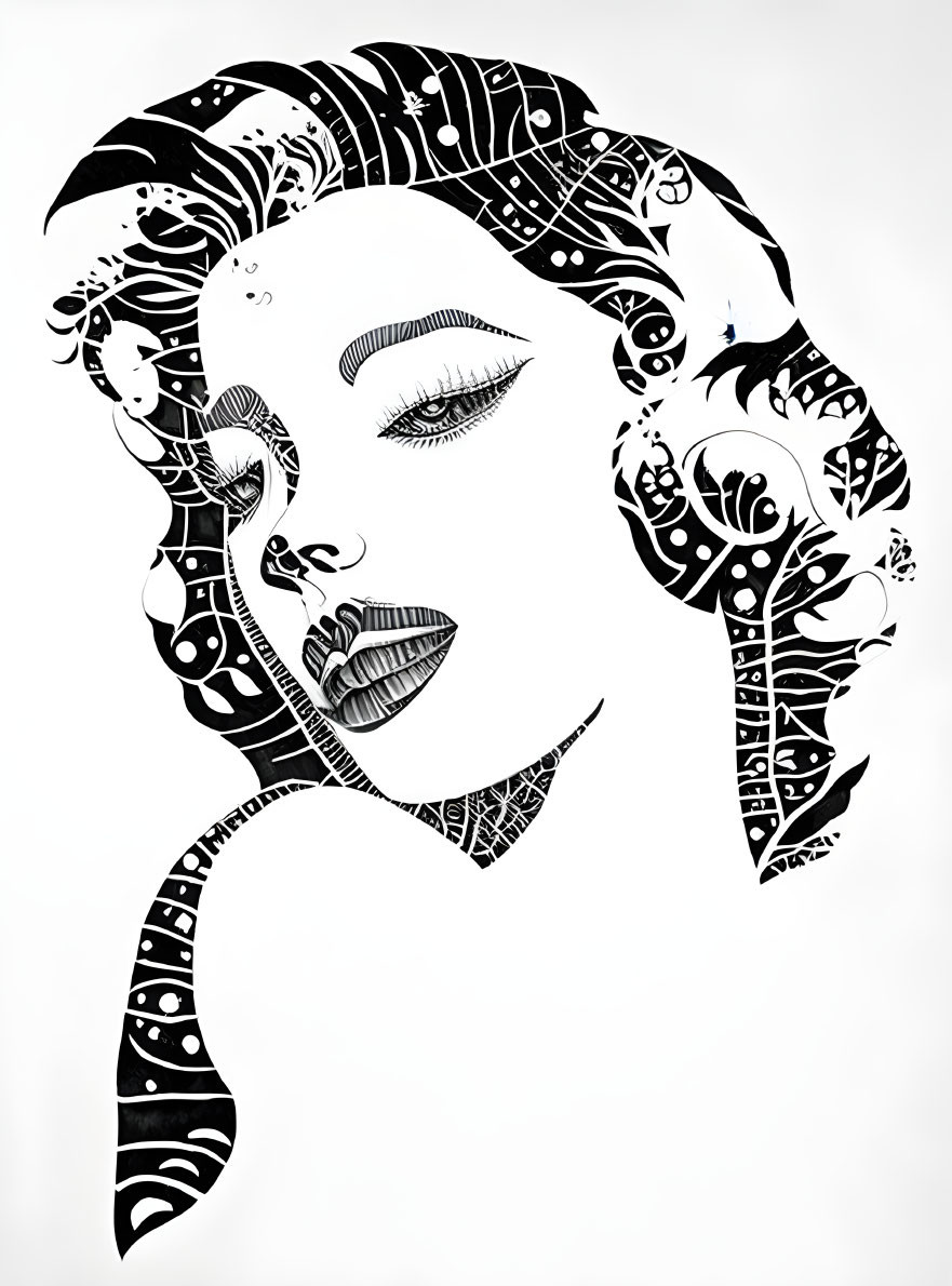 Monochrome profile illustration of a woman with intricate patterns and swirls.