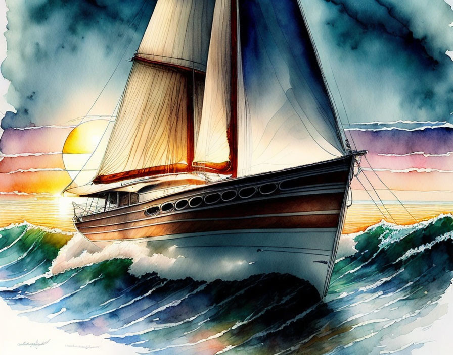 Sailboat watercolor painting: sea, billowing sails, sunset sky