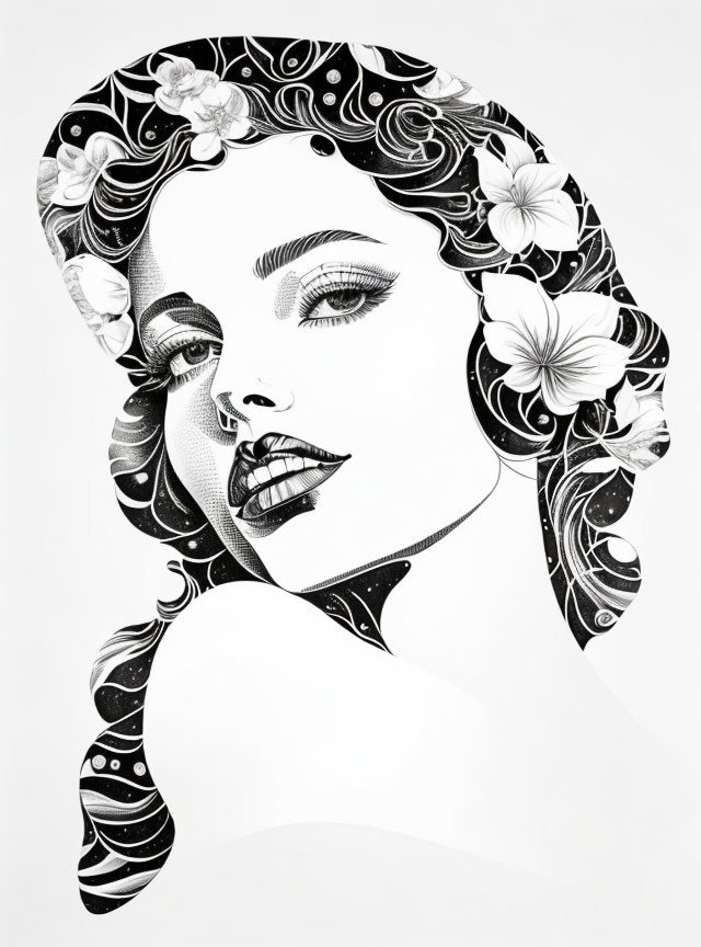 Detailed woman's illustration with floral hair patterns in black and white.