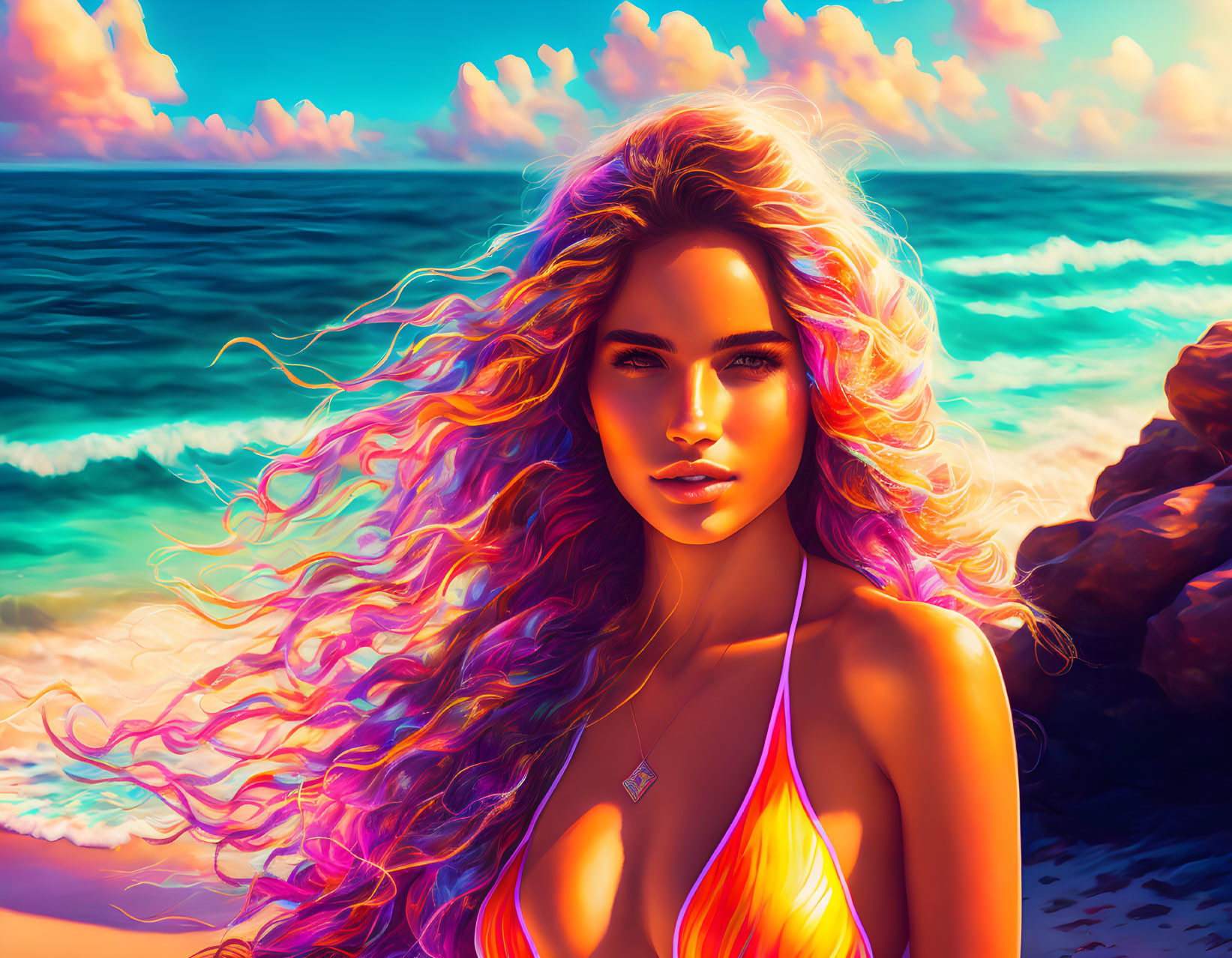 Colorful digital artwork: Woman with flowing hair on beach