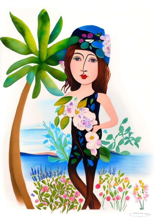 Stylized woman with floral hat and garment beside palm tree on beach