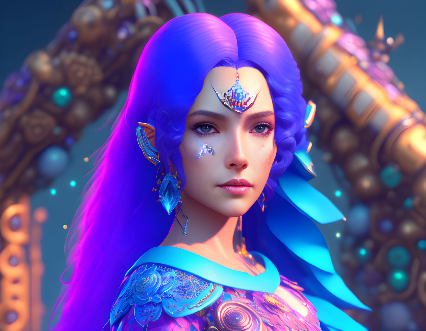 Digital artwork: Woman with vibrant blue hair, golden headdress & fantasy costume with mechanical details