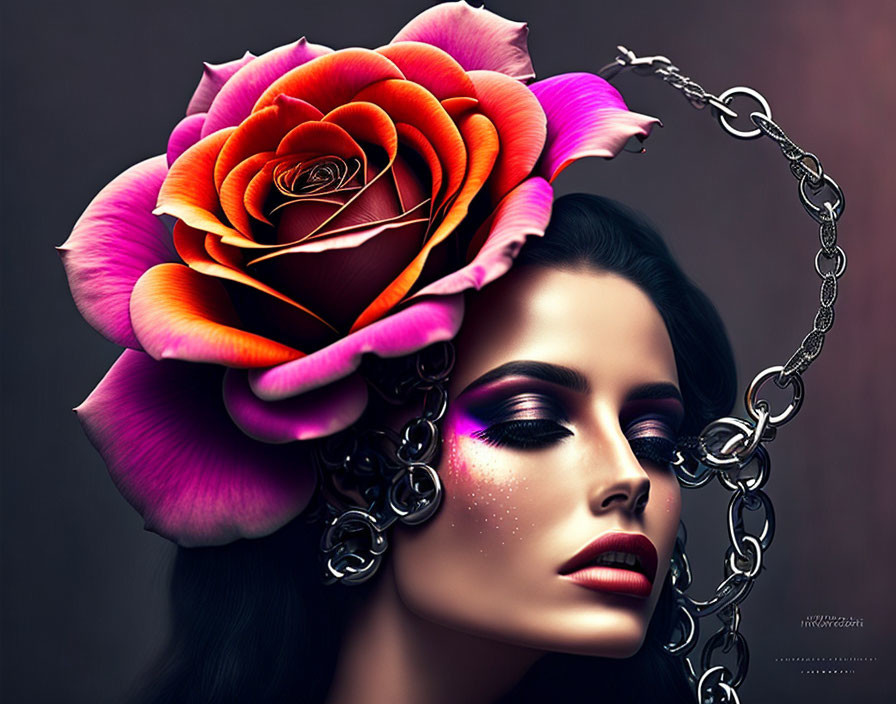 Dark-haired woman with vibrant makeup and unique accessories.