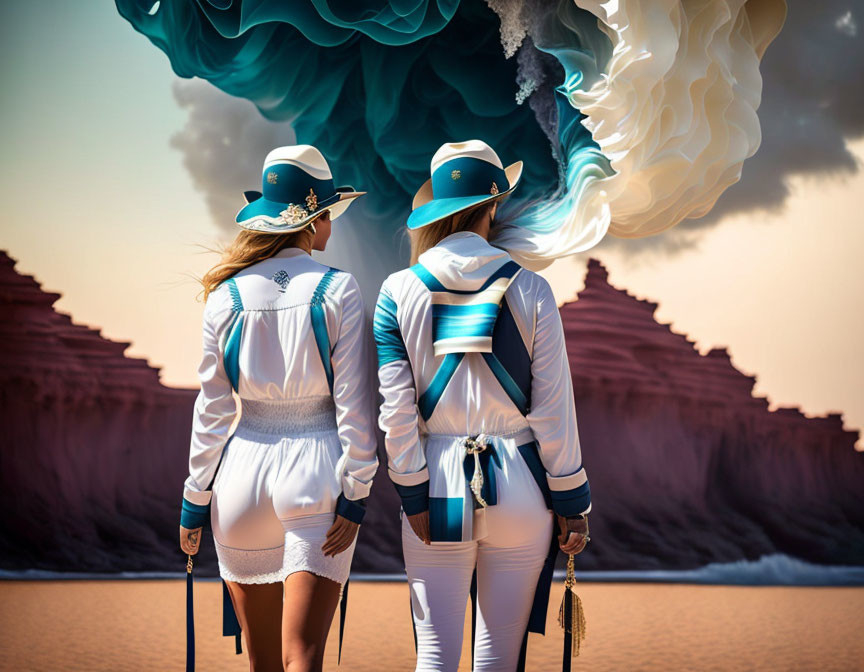 Two Women in White and Blue Outfits with Matching Hats Gazing at Surreal Smoke Swirl Against