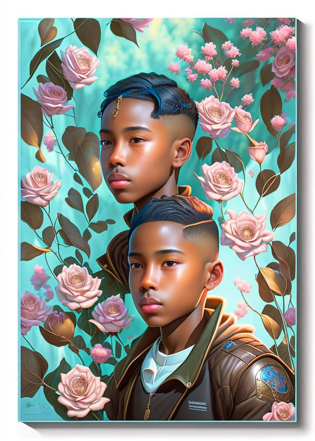 Stylized boys' faces with floral motifs on teal background