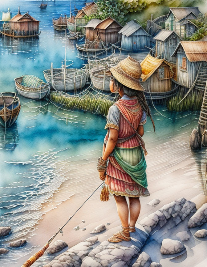 Person in colorful attire fishing on rocky shore by tranquil water with stilt houses.