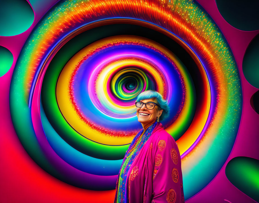 Colorful woman with blue hair and glasses in front of vibrant swirl backdrop