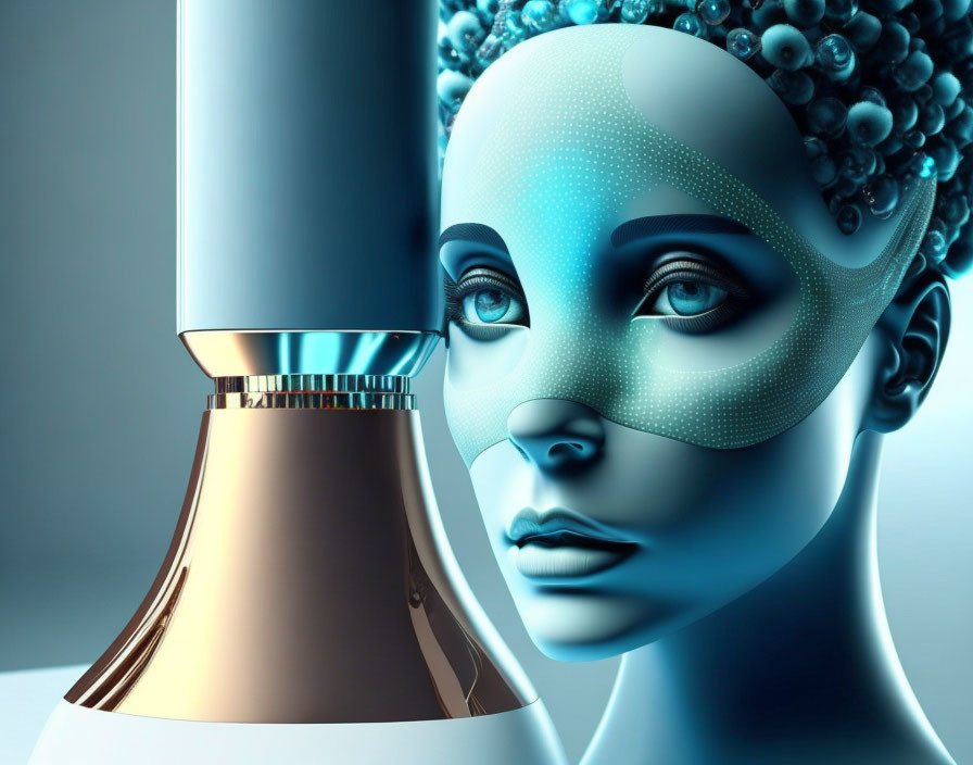 Blue-skinned humanoid face with textured details next to modern lamp on gradient background